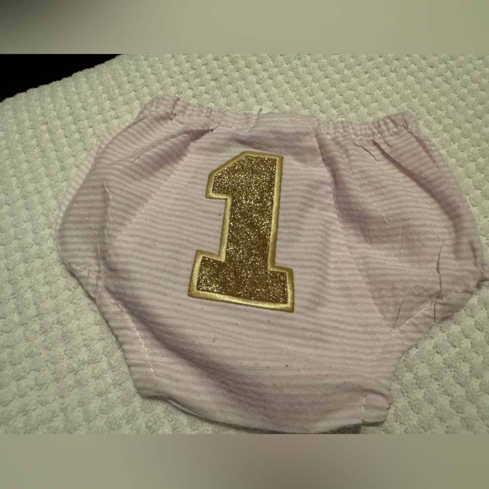 Diaper cover First Birthday One Size 1 Gold glitter pink white stripe Bloomers
